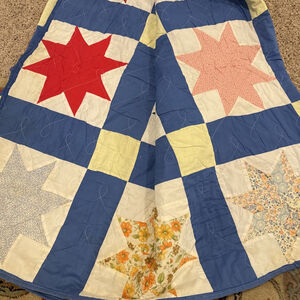 Hand & Machine Eight Point Star Flower Quilt Sewn 100 X 102 Vintage Folk Art